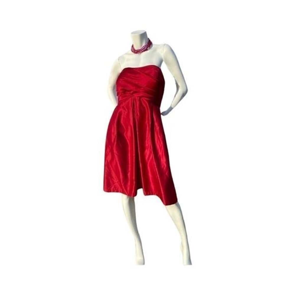 Bill Levkoff Red Satin Strapless Ruched Back Bow Cocktail